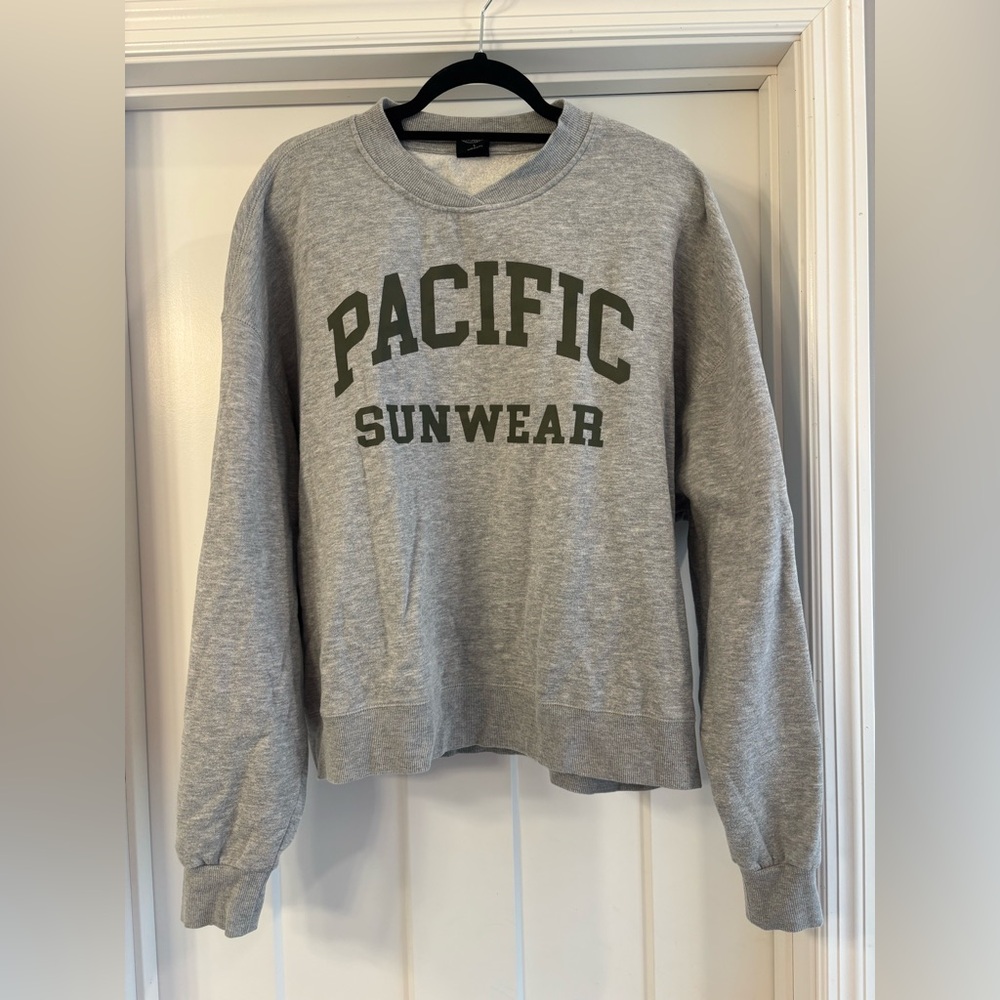 Pacific Sunwear Gray and Green Lettered Women's Sweater - Size Large
